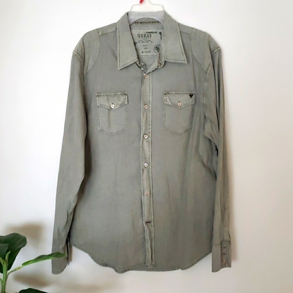 Guess Vintage sage green button up shirt, long sleeve, chest pockets, me…
